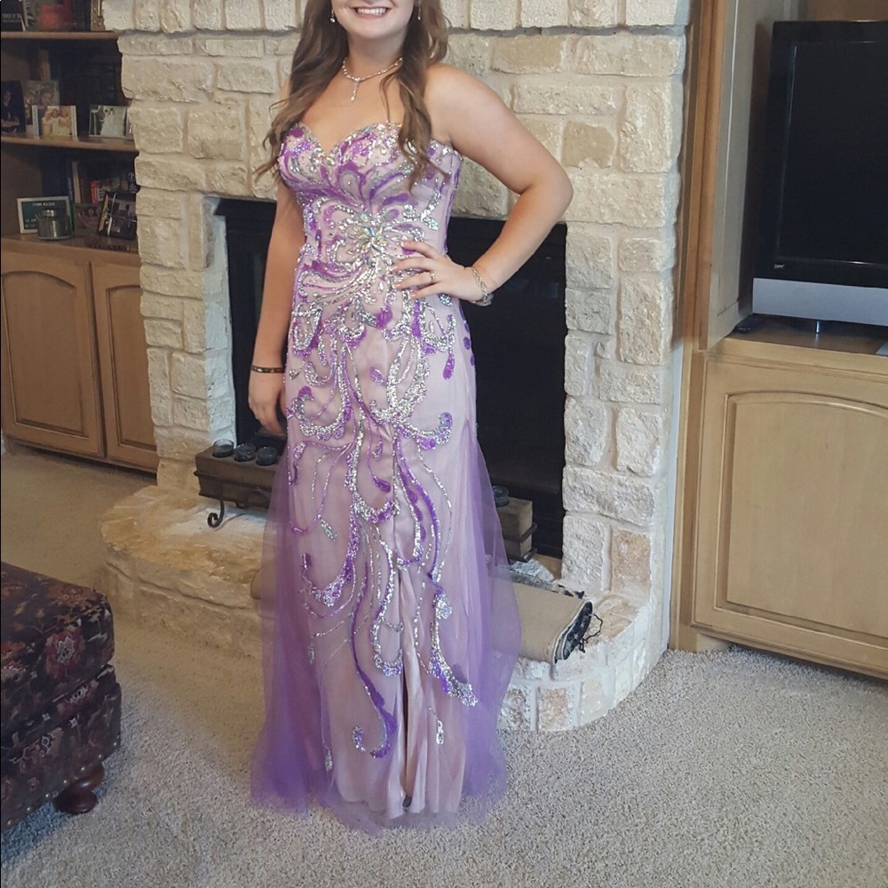 Nude strapless prom dress w/ purple beading